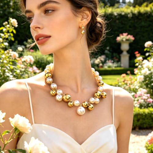 Layered Pearl Choker Necklace for Women, Chunky Large Faux Pearl Beaded Statement Jewelry with Adjustable Chain, Wedding Prom Gift for Her
