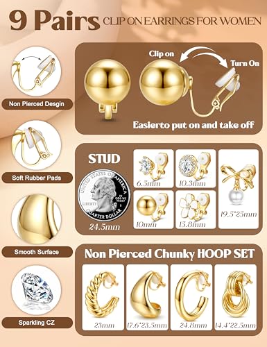 LOLIAS Clip On Earrings for Women 14K Gold Plated Clip Earrings Non Pierced | Hypoallergenic Ears Clips CZ Pearl Knot Twist Chunky Hoop and Studs Earring Set Lightweight Fake Earings Jewelry - style: 9Pairs-14K Gold Plated