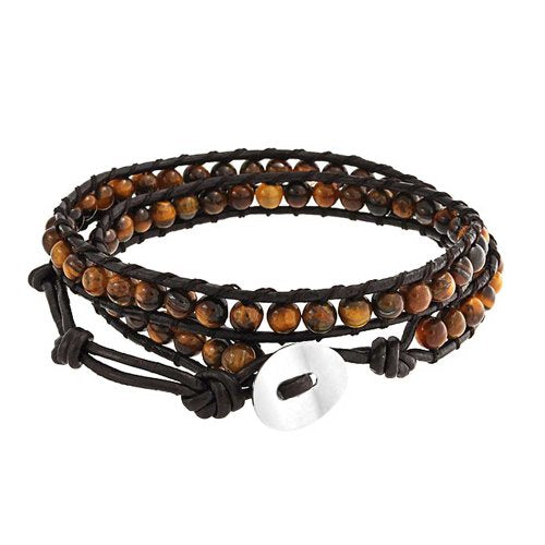 Multi Strand Tiger Eye Black Onyx Bead Bracelet Silver Tone Stainless Steel - color: Dark Brown