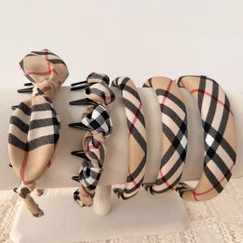 LONEEDY 5PCS Plaid Padded Headband for Women Teen Girls,Vintage Cotton Bow Headbands with Teeth Comb, Zig Zag Hairbands - color: Plaid 5PCS