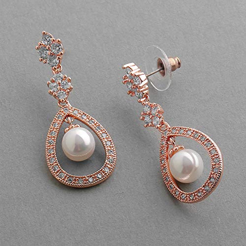 Mariell Pearl Bridal Wedding Earrings for Bride, Pearl Jewelry for Bridesmaid, Prom, Mother of the Bride - color: Rose Gold Pierced