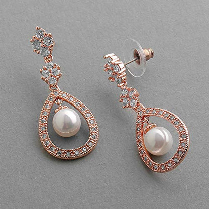 Mariell Pearl Bridal Wedding Earrings for Bride, Pearl Jewelry for Bridesmaid, Prom, Mother of the Bride - color: Rose Gold Pierced