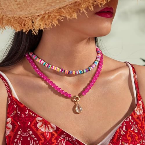 Beaded Gemstone Necklaces for Women Boho Beaded Choker Necklace | CZ Diamond Water Drop Pendant Necklace Natural Stone Jewelry Gifts - color: Rose