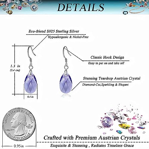 Austrian Crystal Teardrop Drop Earrings for Women, French Hook | 925 Sterling Silver Hook, Crystal Dangle Earrings, Sparkly Teardrop Stone, Lightweight Feel, Day-To-Evening Wear - color: Tanzanite