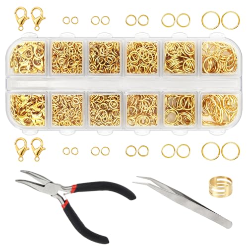 1200 Pcs Open Jump Rings, Jump Rings for Jewelry Making, Necklace Keychain Repair Kit with Making Tools Tweezer, Plier, Lobster Claw Clasps, Open Rings for DIY Crafts Keychains (Gold) - color: Gold
