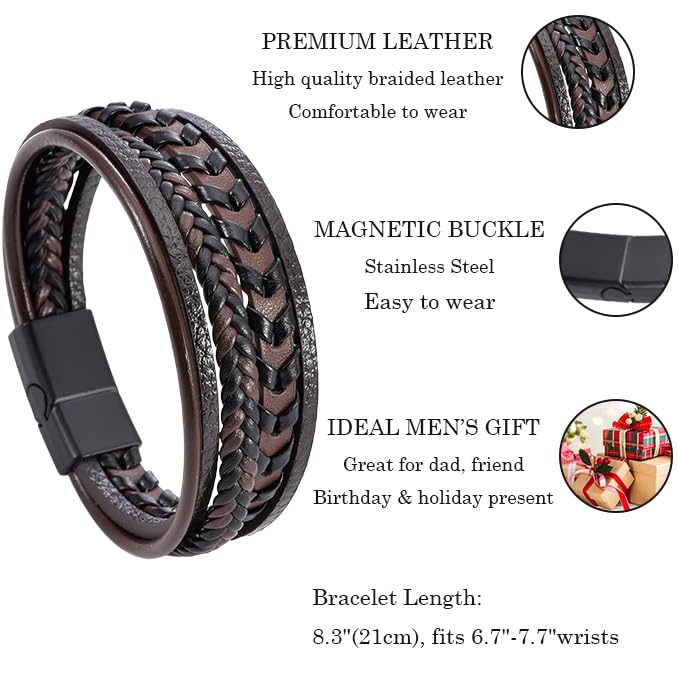 Mens Leather Bracelet Multi-Layer Braided Bracelet Wristband Father's Day Birthday Jewelry Gifts 8.5" Classic Bracelet with Stainless Steel Buckle - color: brown
