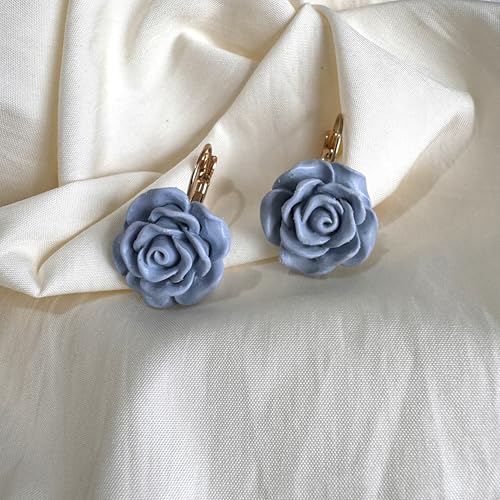Handmade Bohemian Aesthetic Dainty Acrylic Flower Petal Leverback Earrings Sparkly 14K Gold Floral Dangle Drop Earrings for Women - color: Haze Blue
