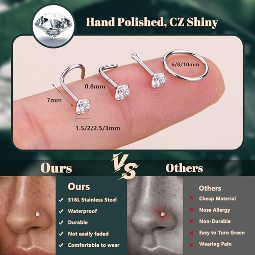 ORAZIO Nose Rings for Women - Silver Plated Hypoallergenic 316L Surgical Stainless Steel Nose Ring Hoops 20G Small Cute CZ Straight Screw L Shaped Nose Studs Piercings Jewelry for Women Men 15Pcs