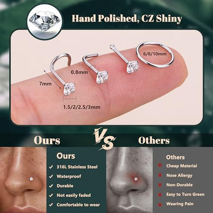 ORAZIO Nose Rings for Women - Silver Plated Hypoallergenic 316L Surgical Stainless Steel Nose Ring Hoops 20G Small Cute CZ Straight Screw L Shaped Nose Studs Piercings Jewelry for Women Men 15Pcs
