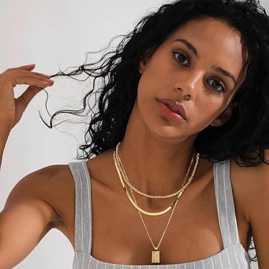 Evabelle Gold Layered Necklace for Women Trendy Jewelry 14K Real Gold Plated Chunky Chain Stackable Necklaces Dainty Choker Necklaces Rectangle Square Pendant - color: Gold Necklace 02