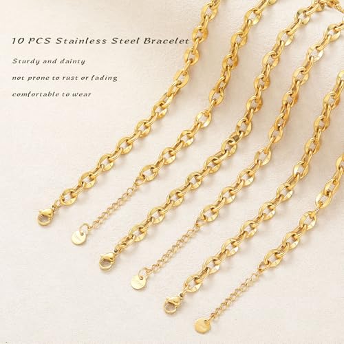 10 PCS Bracelets for Women Stainless Steel Chain Link Bracelet Set | 6.7 Inches with Extender, Jewelry Gifts for DIY, Chains Bulk, Oval, Curb, Figaro Chains, 18K Gold Plated, Silver, Chunky - color: Lip Gold