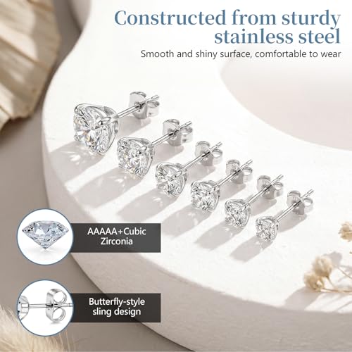 7 Pairs 20G Stainless Steel Stud Earrings Set Cubic Zirconia CZ Earrings Multi Size 2mm-8mm - color: Silver, size: Elegant