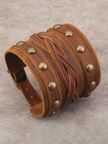 Jeilwiy Punk Leather Wristbands for Men Bracelets Handmade Wide Cuff Bangle Braided Jewelry Black Brown Adjustable - Punk Father's Gifts - color: Leather Brown Bracelet