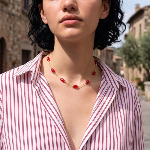 RINHOO Dainty Beaded Necklace for Women 18K Gold Plated Stainless Steel Colorful Blue Pink Choker Boho Choker Necklace Jewelry Gift for Women - color: Style 2-Red