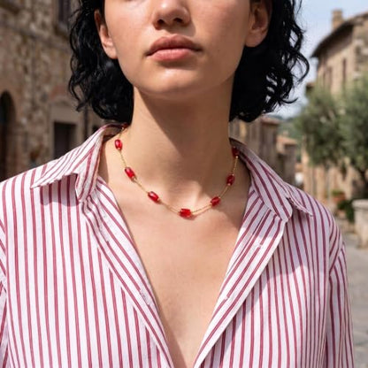 RINHOO Dainty Beaded Necklace for Women 18K Gold Plated Stainless Steel Colorful Blue Pink Choker Boho Choker Necklace Jewelry Gift for Women - color: Style 2-Red