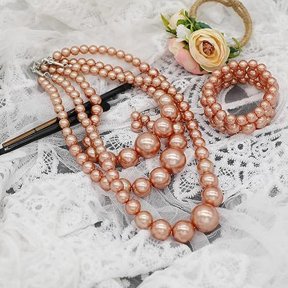 We We Imitation Pearl Necklace for Women Large Chunky Pearl Necklaces Multilayer Pearl Necklace and Earring 1920s Costume Jewelry set - color: champagne pearl necklace set