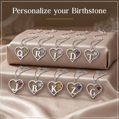 Sterling Silver Heart and Letter Personalized Birthstone Pendant with Box Chain Necklace - Heart & Letter - A - Peridot - August
