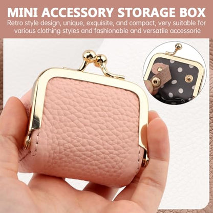 Genuine Leather Small Jewelry Travel Case with Kiss Lock, Portable Travel Jewelry Case Mini Coin Purse for Rings, Earrings, Pendants, Necklaces, Mini Jewelry Box for Girls Women(Pink) - color: Pink