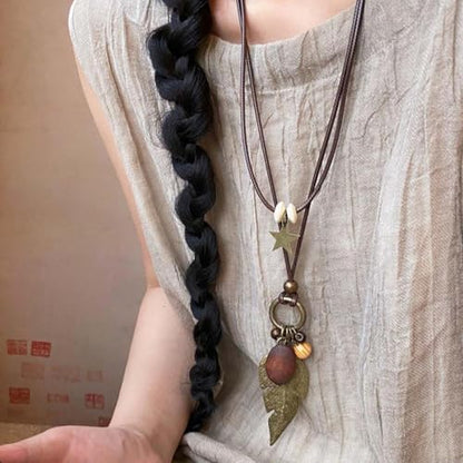 Boho Necklace for Women Long Layered Wooden Leather Leaf Pendant Statement Necklace Vintage Boho Jewelry - style: Leaf