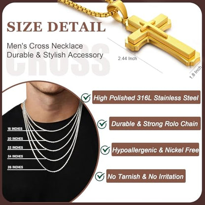 Men's Cross Necklace 316L Stainless Steel Large Heavy Cross Pendant for Men Polished Jewelry Rolo Chain with 22'' 24'' 26'' - color: B-yellow, size: 22 inch