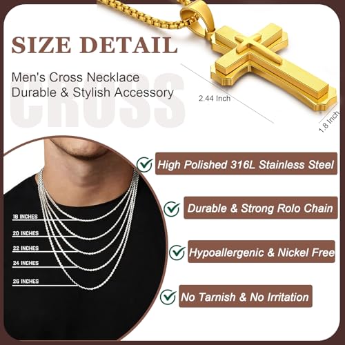 Men's Cross Necklace 316L Stainless Steel Large Heavy Cross Pendant for Men Polished Jewelry Rolo Chain with 22'' 24'' 26'' - color: B-yellow, size: 24 inch