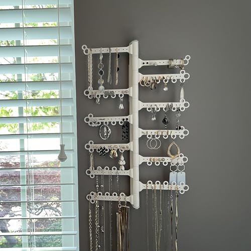 12-Tier Hanging Wall Jewelry Organizer, Earring,Necklace,Ring Holder-White | Large Capacity with 120 Earring Holes, Rotating Branches, genuine 3M Command Strips, Bracelet, Ring & Necklace Storage - color: White 12-Tier
