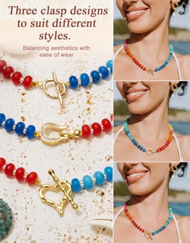 Beaded Necklaces for Women, Boho Colorful Bead Choker Necklace | Natural Gemstones, Summer Beach Jewelry, 18K Gold Plated, Handmade, Gift for Her,Charm Necklace - color: Rainbow-Heart-Shaped Clasp