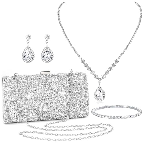 FEYIR Clutch Purse Jewelry Set for Women Evening Bags Rhinestone Crystal Necklace Earrings Bracelet Set Formal Wedding Bridal Accessories Jewelry for Prom - color: Elegant