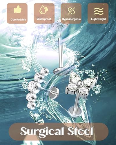 Fansilver 14K Gold Plated Threadless Flat Back Earrings for Women Men | 316L Surgical Steel Push in Nose Piercings Lip Rings,CZ Nostril Helix Conch Medusa Tragus Piercing Jewelry,16/18/20G,6/8mm - color: Silver Plated, size: 20G:6mm