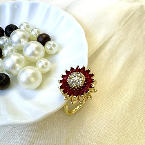 Sunflower Fidget Ring for Women Gold Anxiety Crystal Rings Cubic Zirconia Sunflower Open Adjustable Fidget Ring Spinner Sun Ring for Men Trendy Jewelry - color: Red