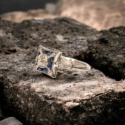 Vintage Old European Art Deco Diamond & Sapphire Ring for Women – Silver Plated Engagement Ring, Antique Style Square Halo Ring, Fine Jewelry Gift