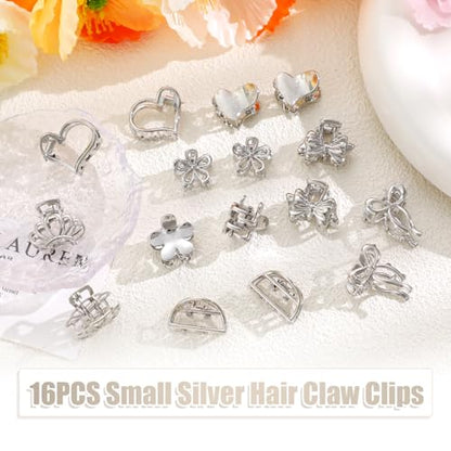CWJCYTNSN 16PCS Small Metal Hair Claw Clips, Silver Mini Hair Clips for Thin Thick Hair, Cute Tiny Hair Clips, Little Flower Hair Jaw Clamps, Nonslip Bangs Pins Hair Accessories for Women Girls - color: Silver