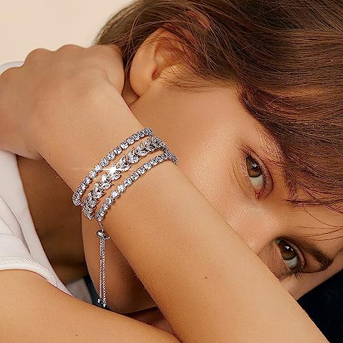 4 Pcs Tennis Bracelet Set Silver Plated Marquise Cubic Zirconia CZ Diamond Dainty Adjustable Silver Bracelets for Women Brides Stackable Fashion Jewelry Wedding Prom Gift - color: Silver-4PCS Tennis Bracelet Set