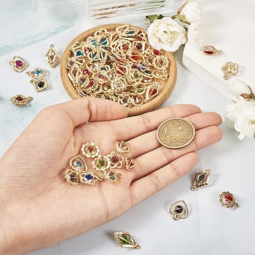 Cheriswelry 100Pcs Light Gold Plated Rhinestone Iron Charms Crystal Heart Flower Rhombus Round Pendants 5 Styles 15-19mm for DIY Crafts Necklace Earring Jewelry Making - color: Mixed Color*4