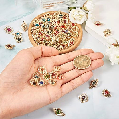 Cheriswelry 100Pcs Light Gold Plated Rhinestone Iron Charms Crystal Heart Flower Rhombus Round Pendants 5 Styles 15-19mm for DIY Crafts Necklace Earring Jewelry Making - color: Mixed Color*4