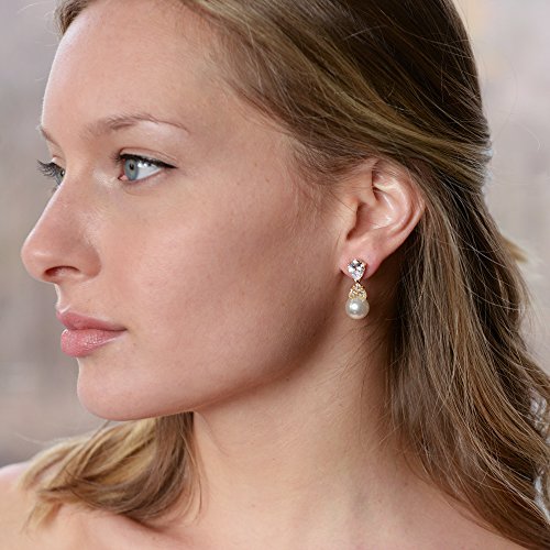 Mariell Clip-On Pearl Drop Bridal Earrings with Cubic Zirconia Crystals and Ivory Pearls For Brides, Bridesmaids, Weddings, Jewelry Gift for Women - color: Gold