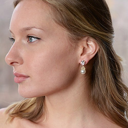 Mariell Clip-On Pearl Drop Bridal Earrings with Cubic Zirconia Crystals and Ivory Pearls For Brides, Bridesmaids, Weddings, Jewelry Gift for Women - color: Gold
