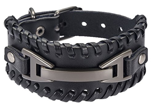Leather Bracelet for Men Braided Stainless Steel Mens Bracelets - color: Black 1