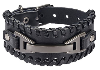 Leather Bracelet for Men Braided Stainless Steel Mens Bracelets - color: Black 1