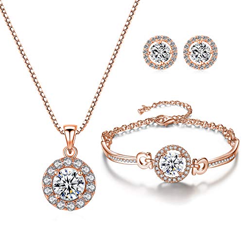 YooAi Jewellery Set Heart Pendant Necklace and Earrings Set Cubic Zirconia Jewellery for Women - color: Round Rose Gold