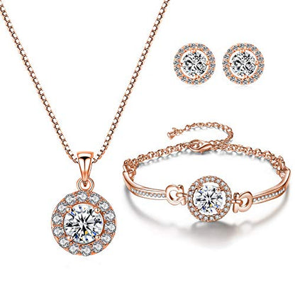YooAi Jewellery Set Heart Pendant Necklace and Earrings Set Cubic Zirconia Jewellery for Women - color: Round Rose Gold