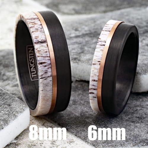 King's Cross Exquisite 6mm/8mm Brushed Finish Black Tungsten Carbide Flat Band Ring with Rose Gold Stripe and Raw Speckled White Deer Antler Inlay, (CNE556)