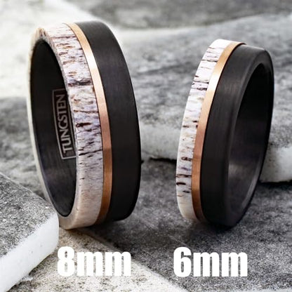 King's Cross Exquisite 6mm/8mm Brushed Finish Black Tungsten Carbide Flat Band Ring with Rose Gold Stripe and Raw Speckled White Deer Antler Inlay, (CNE556)
