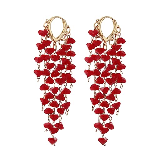 Fringe Hoop Dangle Earrings, Long Beads Tassel Chain Earrings for Women Sparkly Chandelier Earrings - color: Red