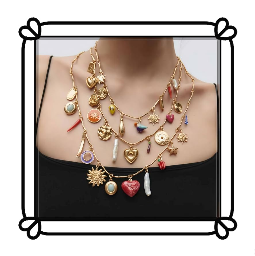Multi Layer Gold Chain Sun Pendant Necklace - With Heart-Shaped and Coin Flower Design -3-Piece Set of Colorful Mixed Pendant Necklace