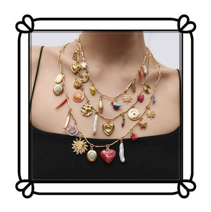 Multi Layer Gold Chain Sun Pendant Necklace - With Heart-Shaped and Coin Flower Design -3-Piece Set of Colorful Mixed Pendant Necklace