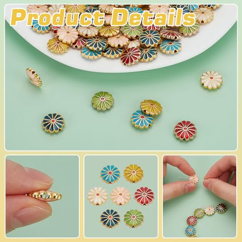 PH PandaHall 7 Colors Flower Enamel Beads 70pcs Daisy Spacer Beads 12mm Floral Bracelets Beads Metal Loose Beads Craft Beads for DIY Jewelry Making Friendship Bracelet Necklace Earring Supplies