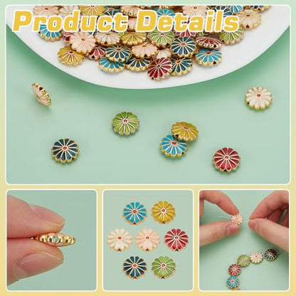 PH PandaHall 7 Colors Flower Enamel Beads 70pcs Daisy Spacer Beads 12mm Floral Bracelets Beads Metal Loose Beads Craft Beads for DIY Jewelry Making Friendship Bracelet Necklace Earring Supplies