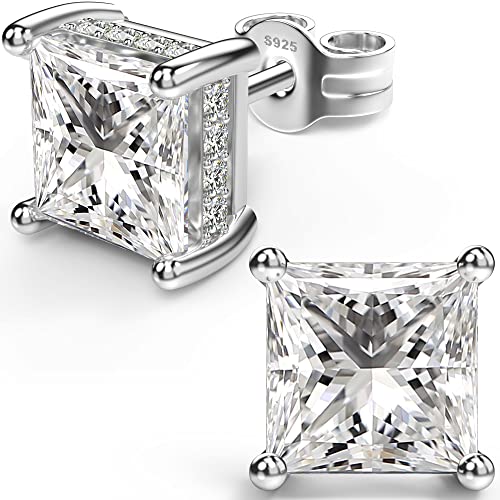 Princess Cut Cubic Zirconia Stud Earrings for Men Women | Square CZ Simulated Diamond Studs, 18K White Gold Plated Sterling Silver, Hypoallergenic - color: White Gold, size: 7MM