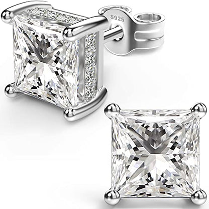 Princess Cut Cubic Zirconia Stud Earrings for Men Women | Square CZ Simulated Diamond Studs, 18K White Gold Plated Sterling Silver, Hypoallergenic - color: White Gold, size: 7MM